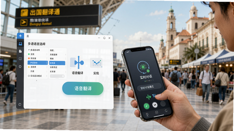出国翻译通整体预览,展示软件主界面、多语言选择、语音翻译按钮和实时对话模式,背景为机场或异国街头场景,人物手持手机使用翻译功能,色彩明亮写实,适配Boogu模型生成
