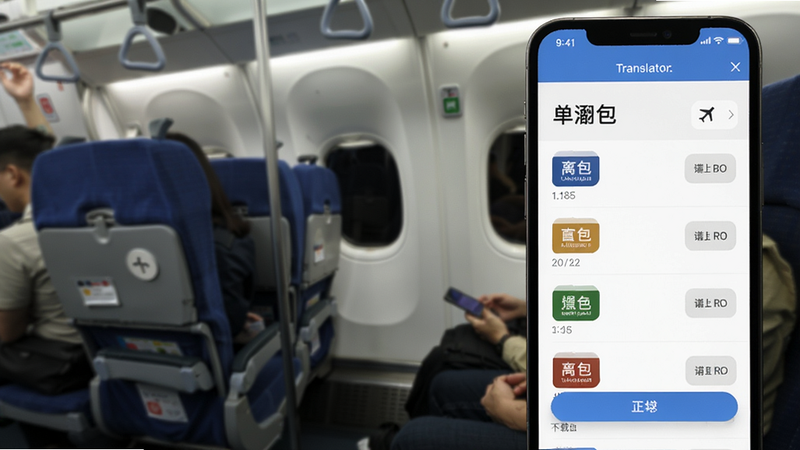 出国翻译通离线翻译包下载界面,展示多个语言包列表,手机处于飞行模式但翻译功能正常,背景为地铁或飞机上,突出离线使用场景