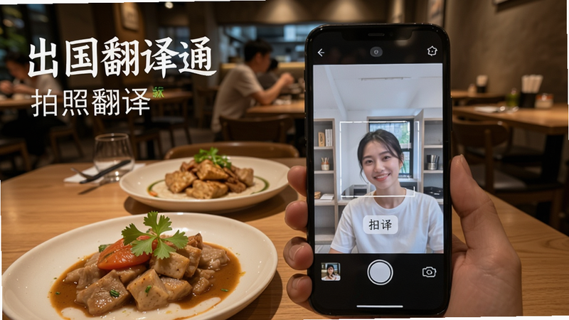 出国翻译通拍照翻译功能界面,手机屏幕显示菜单拍照后翻译成中文,旁边有美食食物,背景为餐厅,强调软件名称和翻译效果