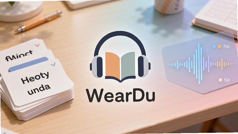 画面中央显示WearDu的Logo(由耳机和书本元素组成),背景是渐变色学习桌面,左侧有单词卡片堆叠,右侧显示动态发音波形图,整体风格清新简约,适配Boogu模型生成。