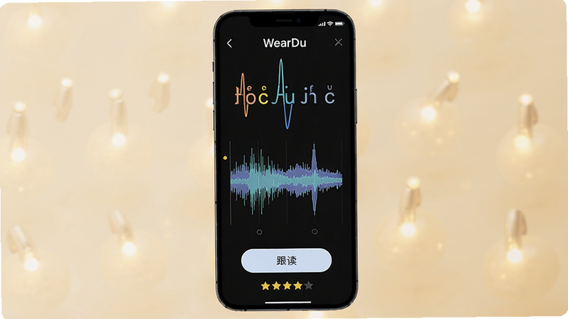 手机屏幕截图,显示WearDu发音评测界面,上方是动态音标,中间有波形对比图,下方是跟读按钮和评分星星,背景柔光,突出软件名称WearDu。