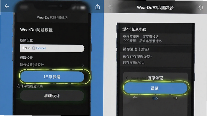 WearDu常见问题解决界面截图,展示权限设置页面和缓存清理步骤,画面中手机屏幕高亮显示关键操作按钮。