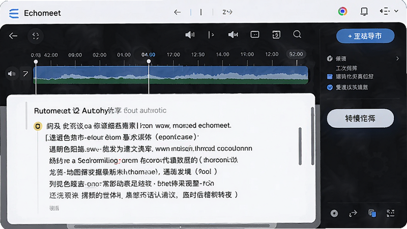 生图提示词: Echomeet会议录制界面,时间轴标记,下方自动转写文字,右侧笔记导出按钮,简洁科技风格