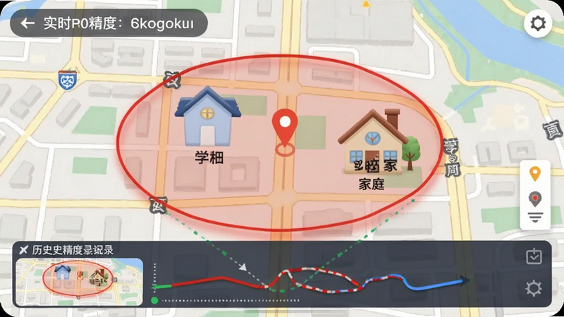 地图界面显示孩子实时位置,红色电子围栏圈定学校与家庭区域,底部缩略图展示历史轨迹记录,背景为城市地图,突出定位精度与预警功能,适合Boogu模型生成