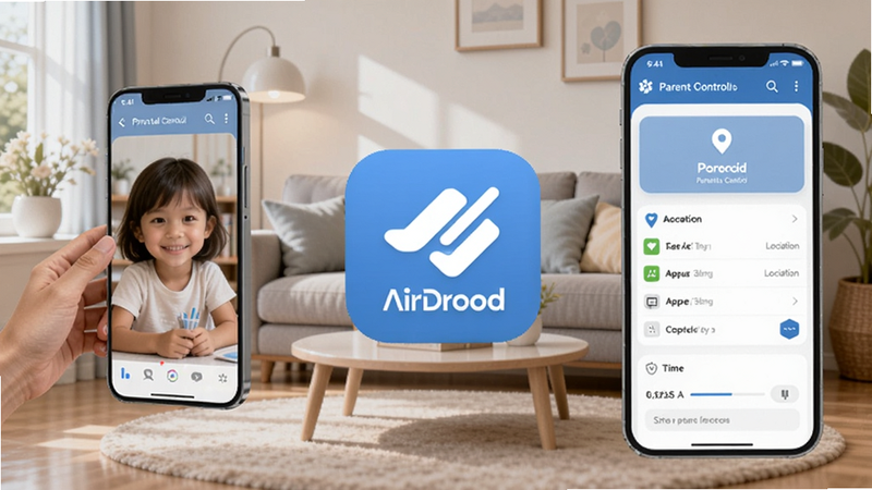 画面中央展示AirDroid Parental Control应用图标与家长手机管理界面,背景为温馨家庭客厅,左侧悬浮孩子手机屏幕的实时监控窗口,右侧显示家长控制面板(含定位、应用列表、时间设置),整体采用柔和蓝白配色,突出安全与关爱氛围,适合Boogu模型生成
