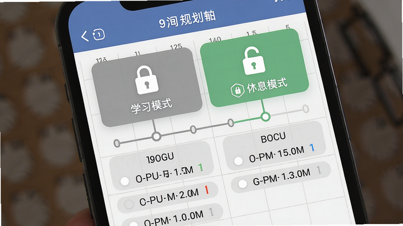 手机屏幕显示时间规划时间轴,上方为学习模式(灰色锁定)、休息模式(绿色解锁),下方列举各时段剩余时长,背景为日历风格,适合Boogu模型生成