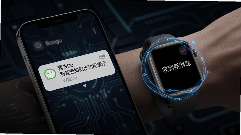 WearDu 智能通知同步功能演示,手机屏幕弹出微信消息,手表屏幕同步显示文字“收到新消息”,背景为深色科技风,表盘周围发光线条流动,适配Boogu模型生成