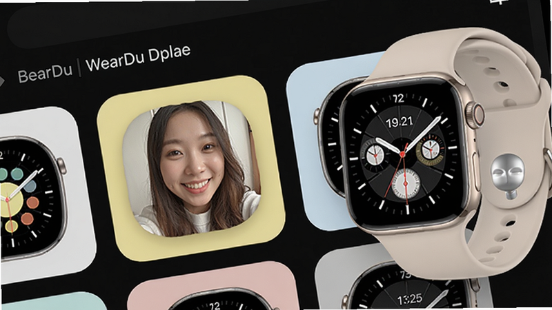 WearDu 表盘市场界面,手机屏幕展示多款表盘缩略图,其中包括一张用户自拍制作的表盘,背景为浅黄色柔和区域,手表模型在右侧显示当前应用的表盘样式,适配Boogu模型生成