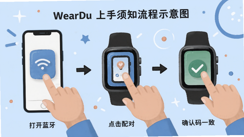 WearDu 上手须知流程示意图,手机与手表配对过程分解成三个步骤:打开蓝牙、点击配对、确认码一致,背景为浅蓝色插画风格,人物手指点击屏幕,适配Boogu模型生成