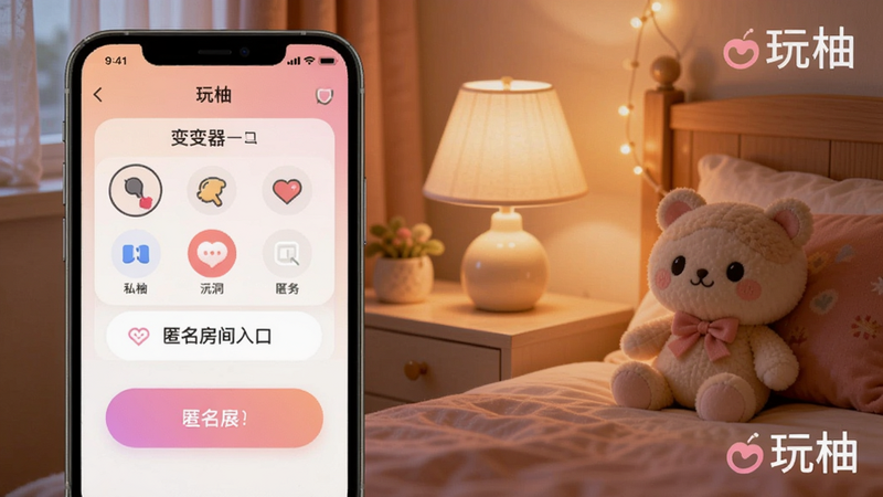 玩柚匿名树洞功能展示,手机界面显示变声器选择列表和匿名房间入口,背景为温馨卧室,柔光台灯,一只可爱玩偶坐在床边,突出安心、私密、陪伴氛围,软件名称“玩柚”作为水印。