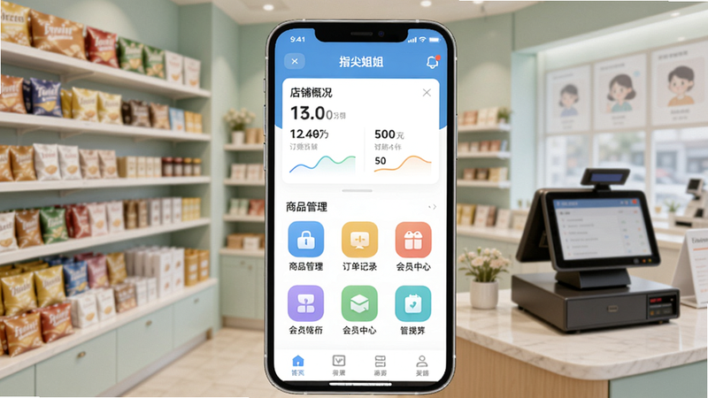 画面中央展示一部手机屏幕,屏幕内显示指尖姐姐商家版主界面,上方有“店铺概况”数据卡片,下方排列商品管理、订单记录、会员中心等彩色图标;背景是模糊的实体店铺环境,货架或收银台隐约可见。整体风格明亮清新,突出移动端管理便捷性,适配Boogu模型生成。