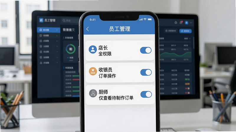 手机屏幕显示权限设置界面,顶部是“员工管理”标题,下方列出三个示例角色:店长(全权限)、收银员(订单操作)、厨师(仅查看待制作订单),每个角色右侧有开关按钮;背景为办公室环境,电脑屏幕隐约显示后台数据。画面体现分权管理的逻辑清晰。