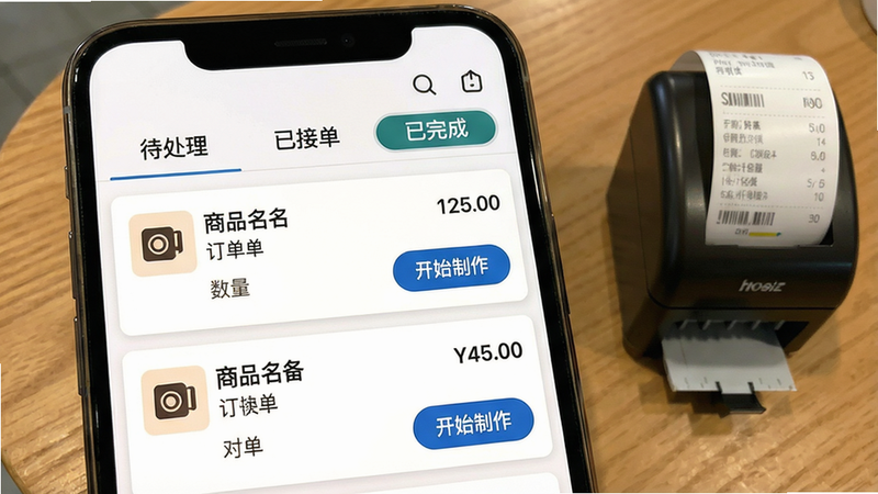 一张手机截图显示订单列表,顶部有“待处理”“已接单”“已完成”三个标签页,当前选中“待处理”页面,订单卡片包含商品名、数量、下单时间和“开始制作”按钮;背景为木质桌面,一侧放有热敏小票打印机。画面传递快捷、高效的核销体验。