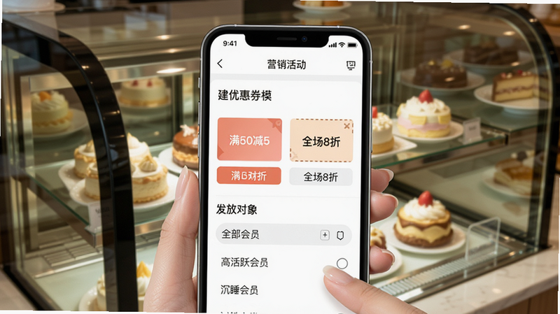 手机界面打开“营销活动”功能,显示一个新建优惠券模板,可选“满50减5”“全场8折”等预设模板,下方有“发放对象”筛选条件,包括全部会员、高活跃会员、沉睡会员等;背景是一个精美的蛋糕柜,暗示餐饮场景。画面清晰展现指尖姐姐商家版的营销模块。