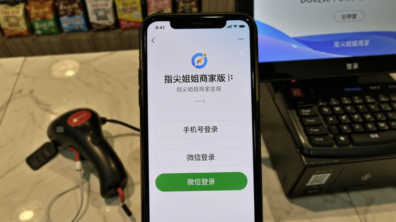 一张手机屏幕显示指尖姐姐商家版登录界面,下方有“手机号登录”和“微信登录”两个选项,背景为实体店铺收银台,桌上有扫码枪。画面清晰展现软件登录流程。