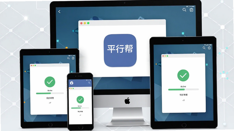一张展示平行帮软件在手机、平板、电脑三台设备上同步文件与剪贴板的场景,画面中央是平行帮的logo,背景为浅灰色科技感网格,设备屏幕显示同步进度条与成功图标,整体风格明亮现代