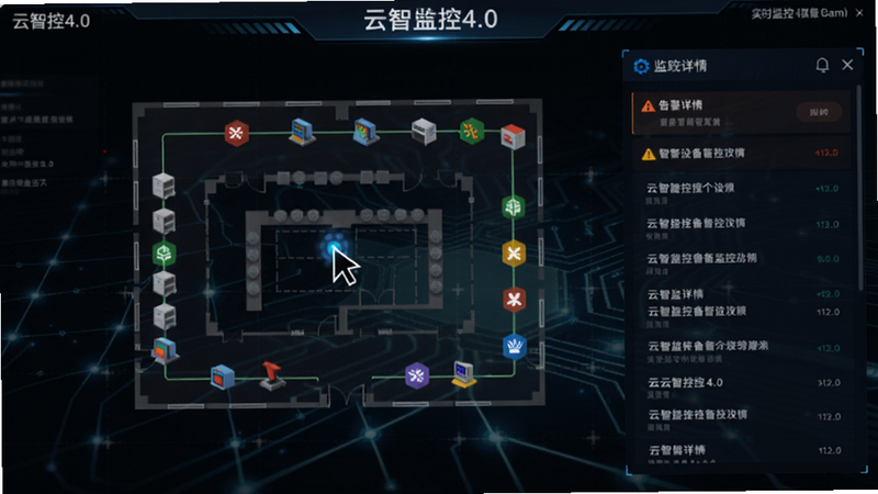 云智控4.0的设备监控功能界面截图,画面中央是一张工厂平面图,不同设备用彩色图标标注,右侧弹出告警详情列表,背景为深色科技感网格,明亮的光标闪烁,凸显实时监控特性。