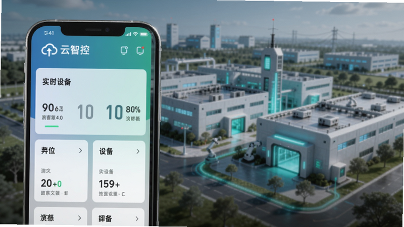 一幅展示云智控4.0主界面的概念图,画面左侧为手机竖屏界面,上方显示“云智控”logo和实时设备状态卡片,右侧背景为模糊的智能工厂或园区全景,整体采用蓝绿色调,科技感强,适合Boogu模型生成。