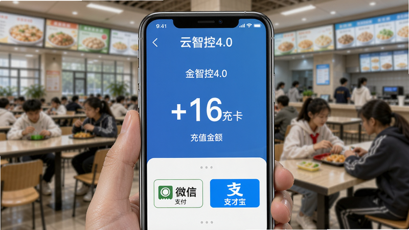 云智控4.0饭卡充值界面,手机屏幕显示充值页面,金额数字大号,下方有微信支付和支付宝支付选项,背景为食堂就餐场景虚化。