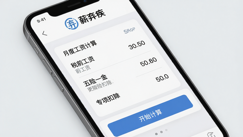 一张高清手机屏幕截图,显示薪弃疾App主界面,顶部有“薪弃疾”Logo,中部为月度工资计算卡片,包含税前工资、五险一金、专项扣除等字段,底部有“开始计算”按钮,背景为浅灰色商务风格,画面简洁专业,适配Boogu模型生成