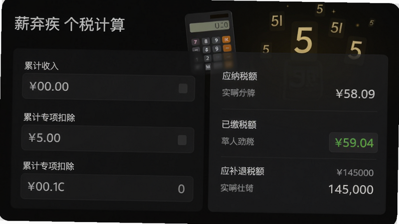 薪弃疾个税计算界面特写,深色模式,左侧输入框显示“累计收入”“累计专项扣除”等数据,右侧输出区域清晰列出应纳税额、已缴税额、应补退税额,背景有计算器图标和金色数字动画,提示词需体现专业财经风格