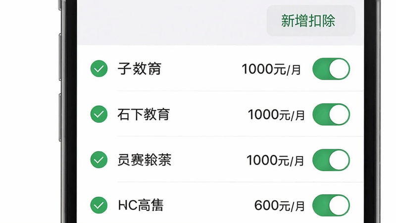 手机界面显示专项附加扣除列表,每个项目右侧有开关和金额,例如“子女教育 1000元/月”,顶部有“新增扣除”按钮,背景简洁白色,使用绿色对勾图标表示已添加