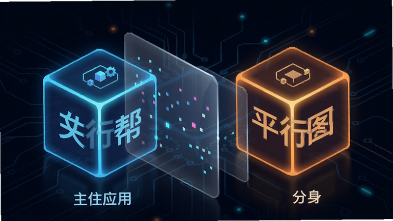 平行帮 沙盒隔离示意图 两个独立方块分别代表主应用和分身 中间有透明隔层 背景科技感线条