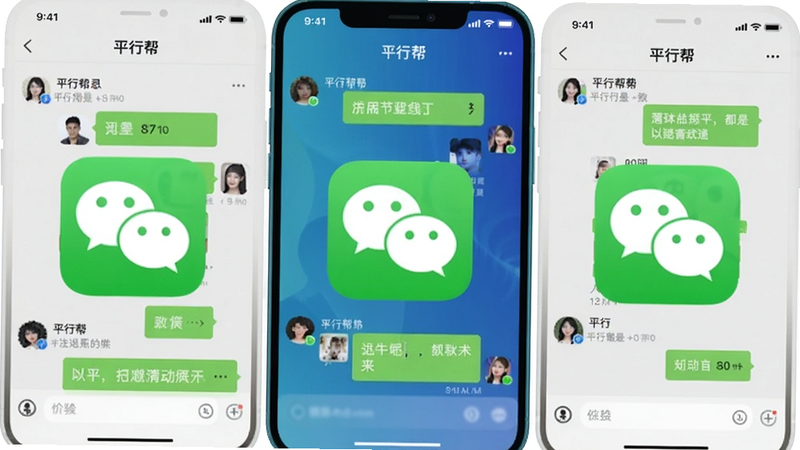 平行帮 多账号同时在线 手机屏幕显示三个微信图标 每个界面不同聊天记录 背景渐变蓝色 清晰直观