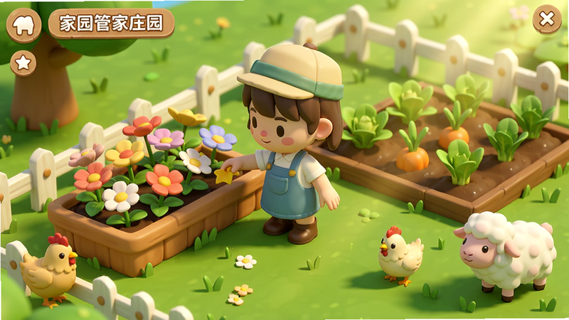 家园管家庄园经营界面,玩家正在布置花坛和菜地,旁边有小鸡和小羊,阳光洒在草地上,舒适治愈,3D卡通风格,色彩明亮,细节丰富。