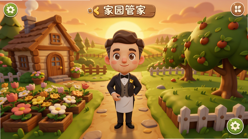 家园管家游戏主界面,一位管家角色站在庄园中央,周围有花田、小木屋和果树,背景是夕阳下的田园风光,色彩温暖,卡通渲染风格,细节丰富,适配Boogu模型生成。