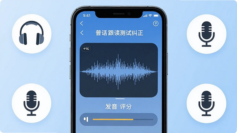 画面中央展示手机屏幕界面,屏幕上显示普通话跟读测试纠正九十七普通话的主界面波形图与发音评分,背景为淡蓝色渐变,周围环绕耳机与话筒图标,整体风格清爽专业,适配Boogu模型生成