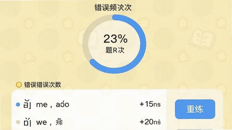 错题本界面,圆形进度图显示错误频次,下方列表列出具体拼音及错误次数,右侧有“重练”按钮,背景为浅黄色,突出学习记录