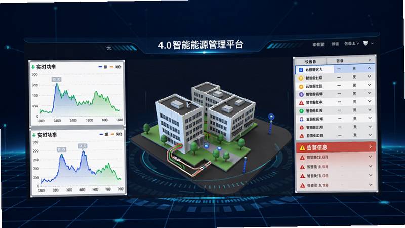 云智控4.0 智能能源管理平台,画面中央是一个清晰的全彩3D建筑能耗大屏,左侧显示实时功率曲线,右侧为设备列表与告警信息,背景为深蓝色科技网格,整体风格明亮专业,适配Boogu模型生成