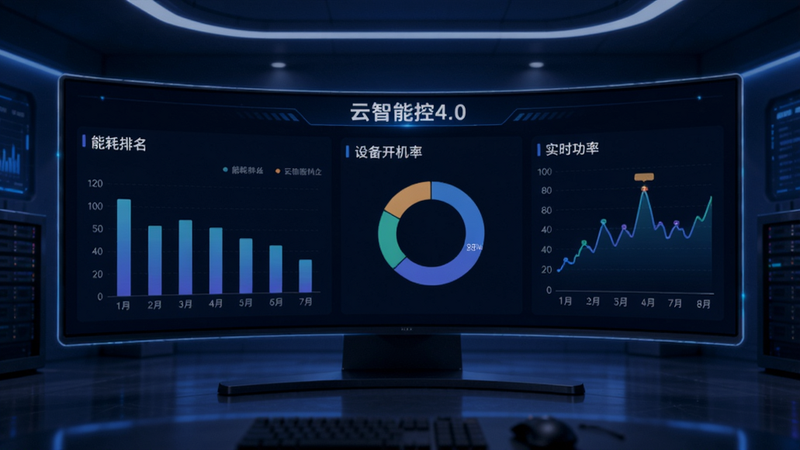 云智控4.0 可视化数据大屏,画面中央是一块超宽曲面屏,上面显示能耗排名柱状图、设备开机率环形图、实时功率折线图,背景为深蓝色科技感房间,屏幕边缘有微弱光效,适配Boogu模型