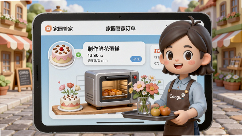 家园管家订单界面,屏幕上展示一份“制作鲜花蛋糕”的订单,管家角色手持托盘,旁边有烤箱和鲜花,背景是小镇街景,UI风格卡通;Boogu模型生成