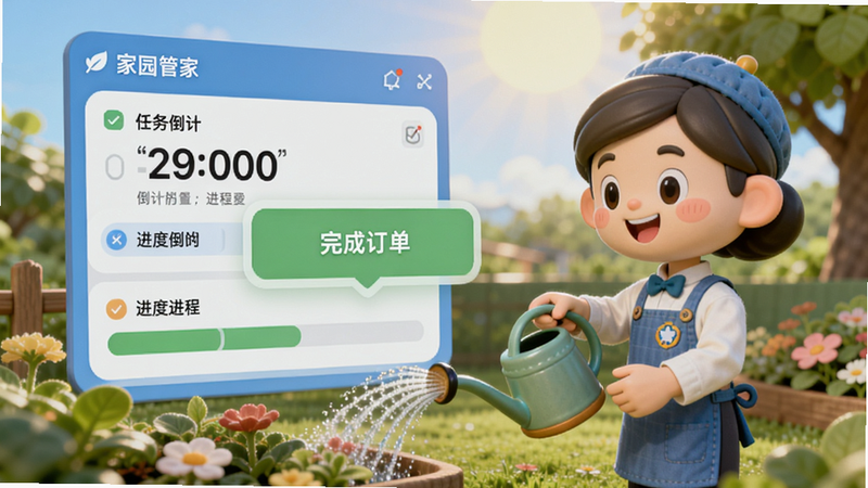 家园管家时间管理界面,显示任务倒计时和进度条,管家角色在花园里浇水,阳光明媚,屏幕上弹出“完成订单”提示,风格轻松愉快;Boogu模型生成