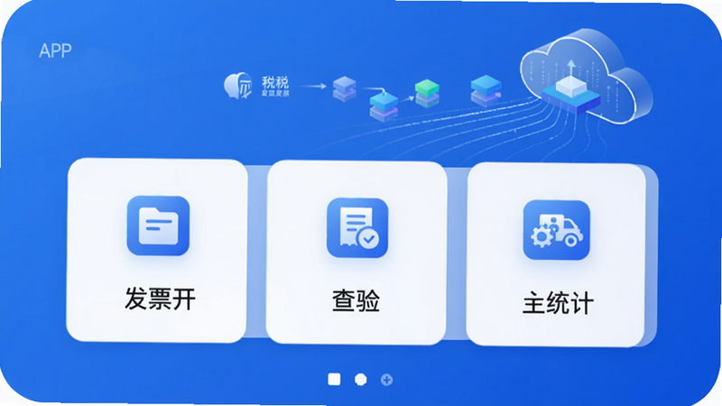 画面中央展示电子税务发票管家APP主界面,背景为税务蓝渐变底色,界面包含发票开具、查验、统计三大模块图标,远处有云端数据同步的抽象线条,整体风格科技感与政务严肃感并存,适配Boogu模型生成