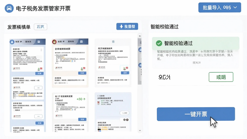 电子税务发票管家开票界面截图,左侧为发票模板填单区,右侧显示智能校验通过的绿色提示,顶部有批量导入按钮,整体UI以白色和税务蓝为主,鼠标指针悬停在“一键开票”按钮上