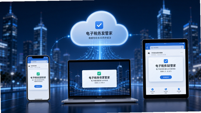 三台设备(手机、笔记本、平板)围绕一个云朵图标,云朵下方有数据流动的动画线条,设备屏幕上均显示电子税务发票管家数据同步成功提示,背景为科技蓝城市夜景