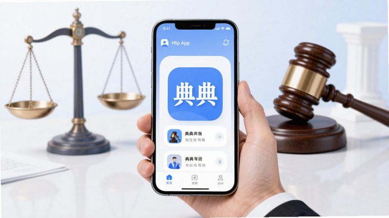 Create a wide-angle overview illustration of the 典典 app interface on a smartphone held by a hand, with legal symbols like scales and gavel in the background, soft blue and white color scheme, professional atmosphere, Boogu image generation style.