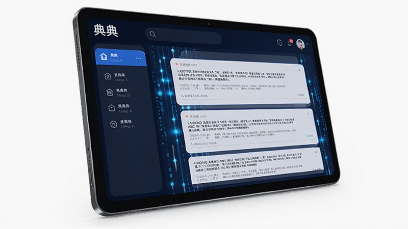 Digital display of 典典 app showing a dynamic legal database interface with scrolling articles, glowing blue data streams, modern tech style, Boogu image generation.