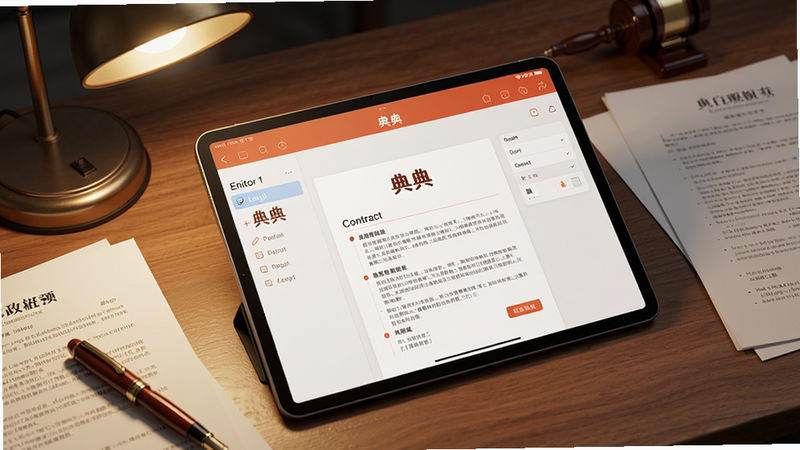 A tablet screen showing the 典典 app with a contract template editor, legal documents scattered around, a lawyer's pen on the desk, warm lighting, realistic 3D render, Boogu image generation.