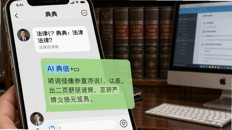 Close-up of the 典典 app chat interface showing a legal question and AI-generated answer with highlighted law articles, professional legal background with books and computer, realistic style, Boogu image generation.