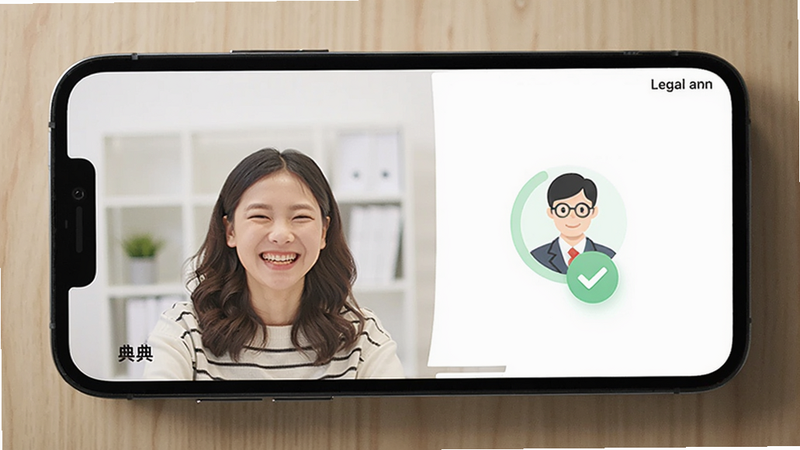 Smartphone screen showing 典典 app with a happy user and a legal advisor avatar, soft green checkmark icon, clean UI, Boogu image generation.