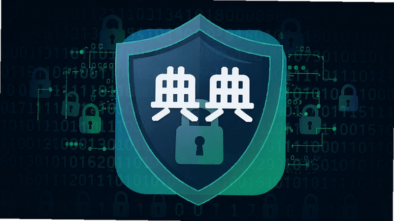 Security shield icon overlaid on 典典 app logo with encryption code in background, dark blue and green tones, cyber security concept illustration, Boogu image generation.