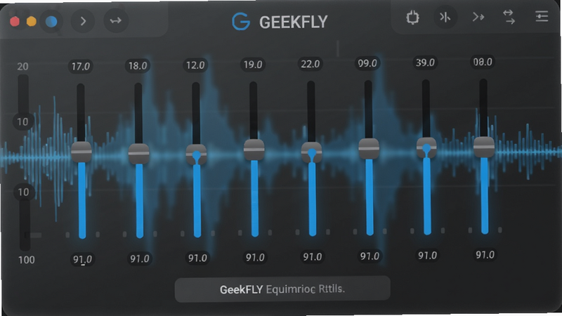 GEEKFLY均衡器调节界面,屏幕上显示10个可拖动的蓝色滑块,背景为声波动态可视化效果,界面采用毛玻璃半透明设计,操作提示清晰,整体色彩以深灰与亮蓝为主。