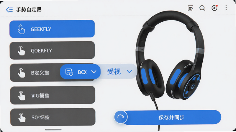 GEEKFLY手势自定义界面,左侧列出各种手势操作,右侧展示耳机示意图并标注触控区域,用户可拖拽下拉菜单选择功能,屏幕底部有“保存并同步”按钮,整体UI采用浅色背景,辅以蓝色强调色。
