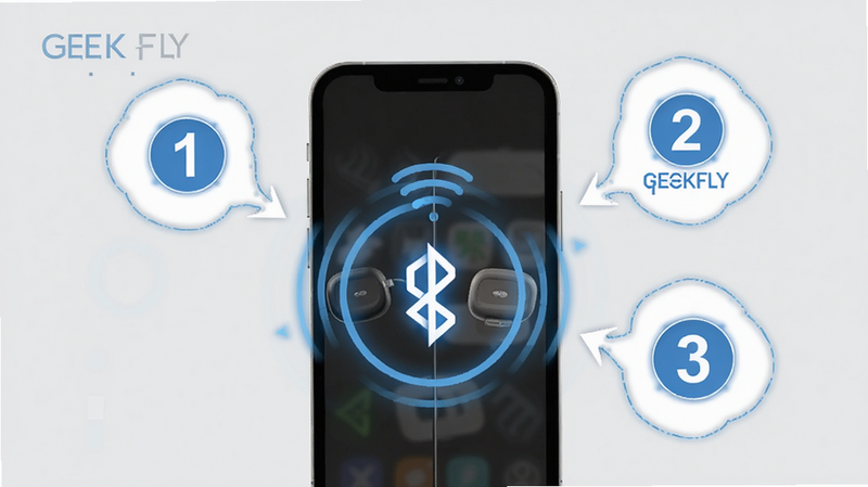 GEEKFLY使用指南示意图,手机与耳机无线连接动画效果,周围有步骤序号1、2、3气泡标注,背景为浅灰色,重点突出蓝牙连接流程,画面干净简约。