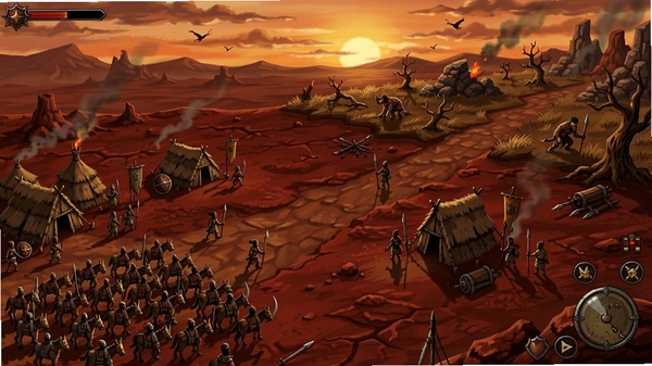 深红色的大地,荒蛮大地游戏画面,部落营地与战场,全景视角,左下方军队集结,右上方蛮荒野地,背景落日余晖,细节丰富,游戏截图