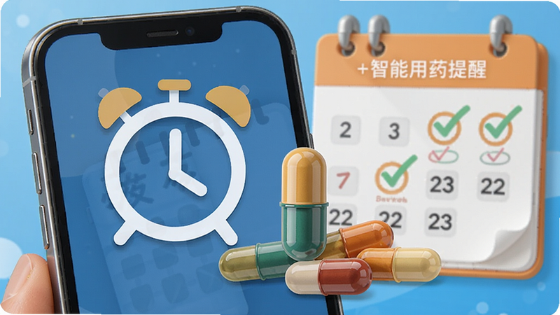 药友+智能用药提醒功能示意图,画面展示手机闹钟图标与多种药物胶囊组合,背景有日历打卡标记,色彩明快突出提醒与记录联动